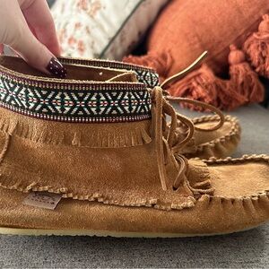 Fringed Suede Moccasins with Patterned Trim